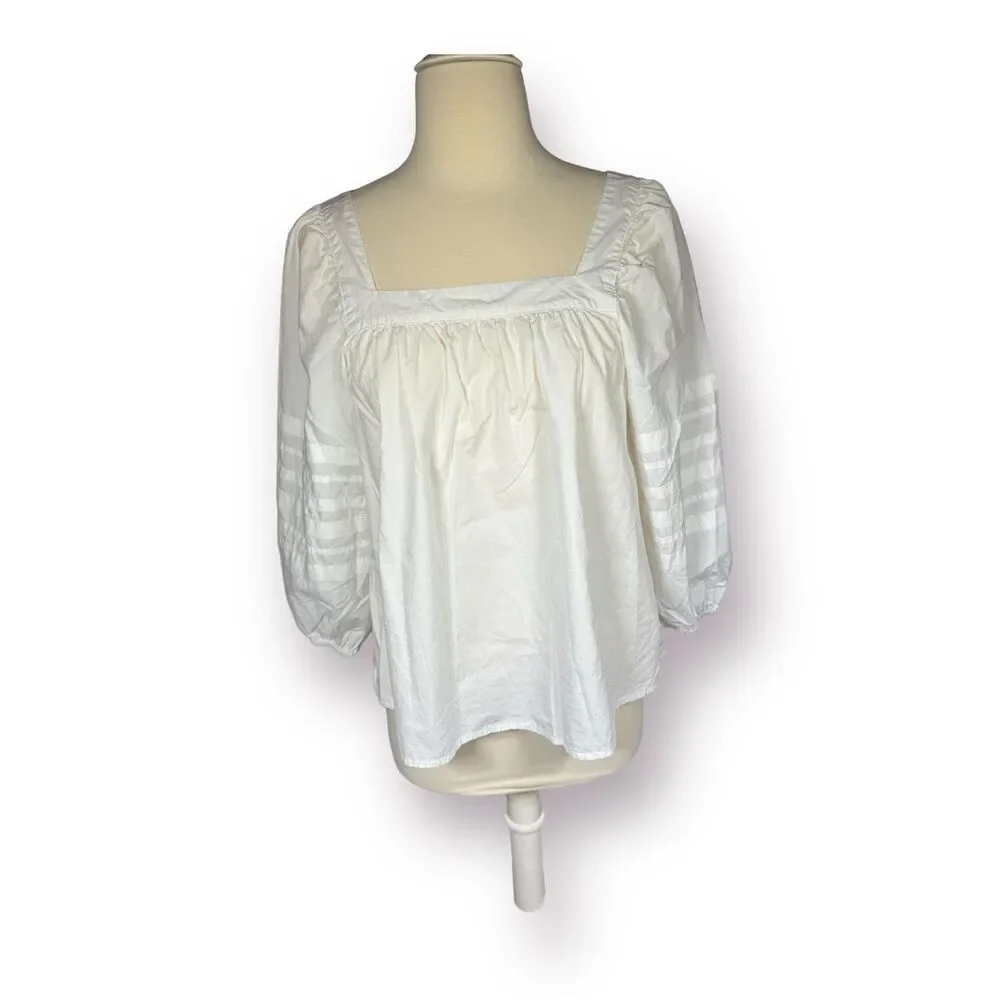 Madewell Square-Neck White Top Cottage Core Pleat Balloon Puff Sleeve Size Small